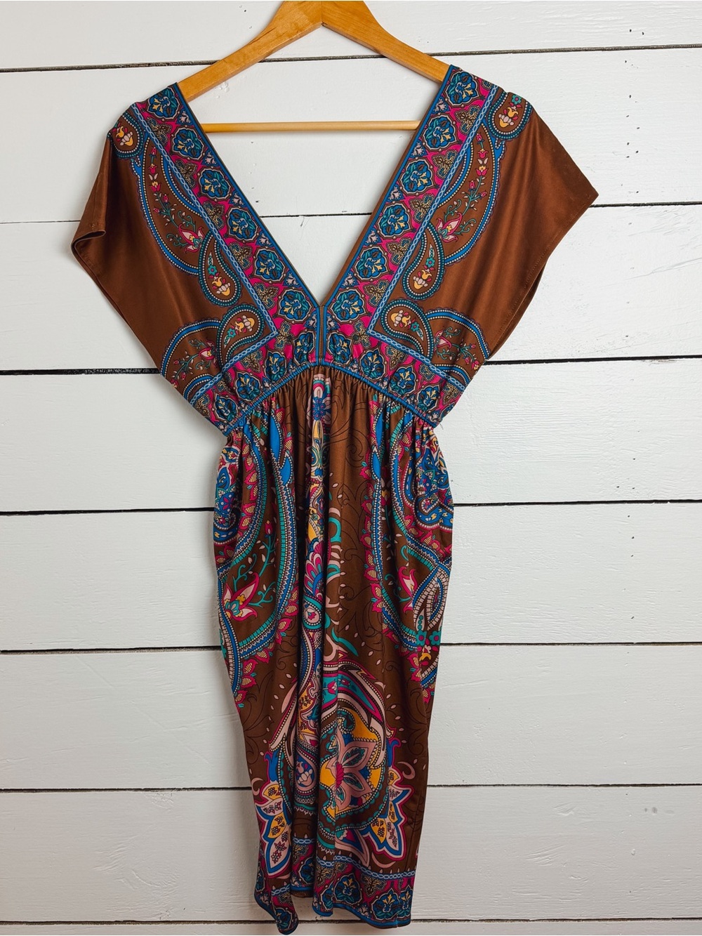 Brown V-Neck Paisley Midi Dress with Teal & Pink Accents